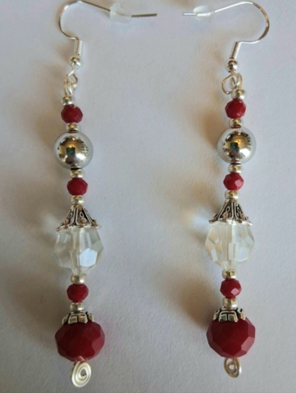 Handcrafted 3" Long Silver-Tone Red and Clear Bead Drop Earrings